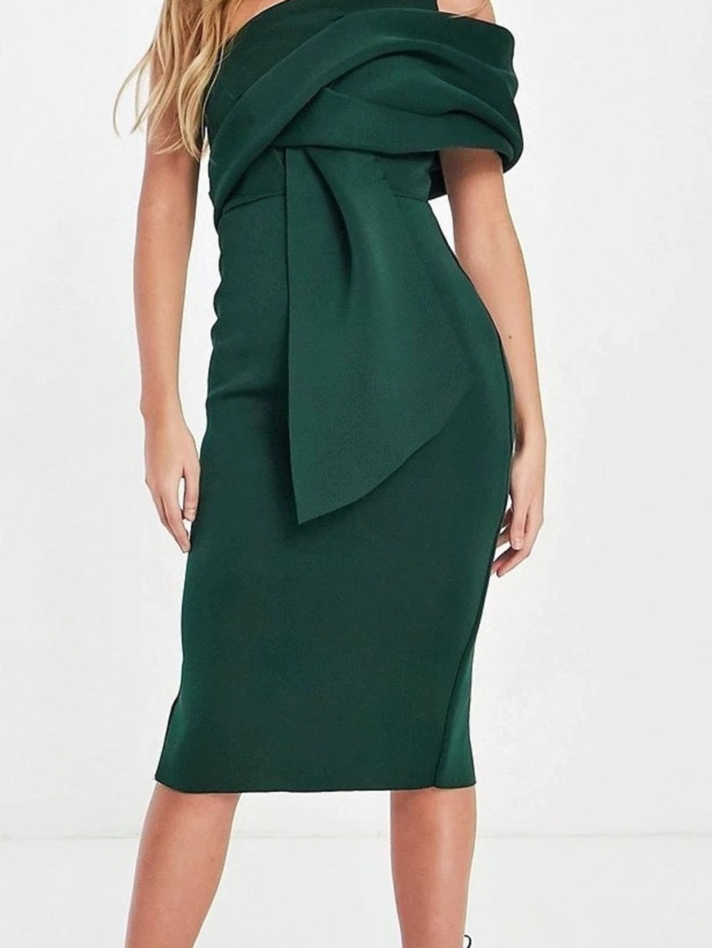 ASOS design peakaboo shoulder gathered midi pencil dress